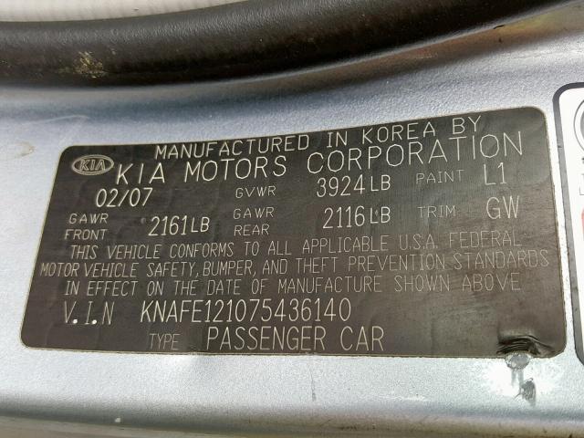 KNAFE121075436140 - 2007 KIA SPECTRA EX BLUE photo 10