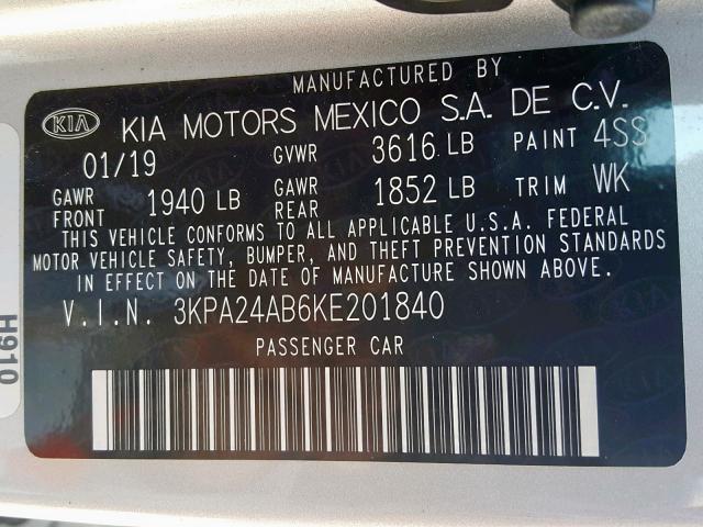 3KPA24AB6KE201840 - 2019 KIA RIO S SILVER photo 10