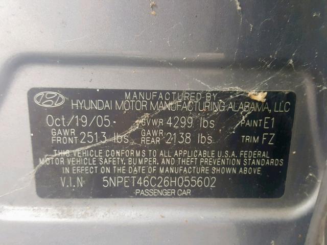 5NPET46C26H055602 - 2006 HYUNDAI SONATA GL GRAY photo 10