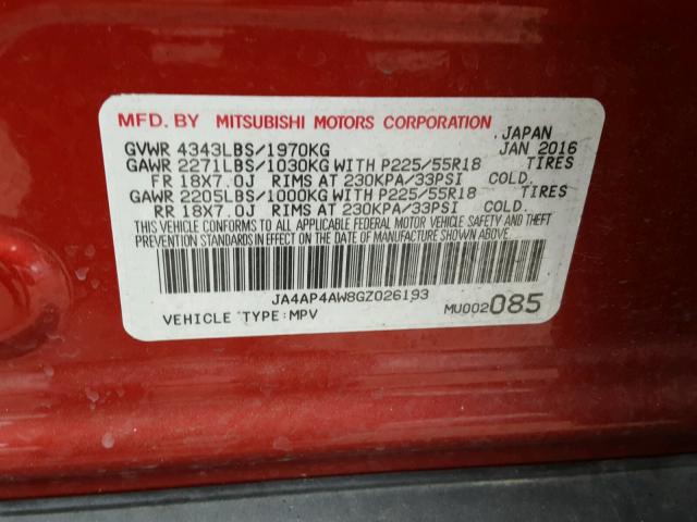 JA4AP4AW8GZ026193 - 2016 MITSUBISHI OUTLANDER RED photo 10