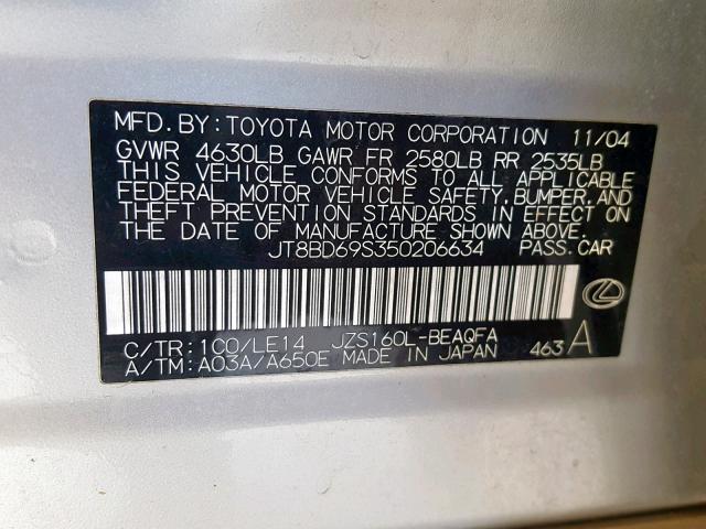 JT8BD69S350206634 - 2005 LEXUS GS 300 SILVER photo 10