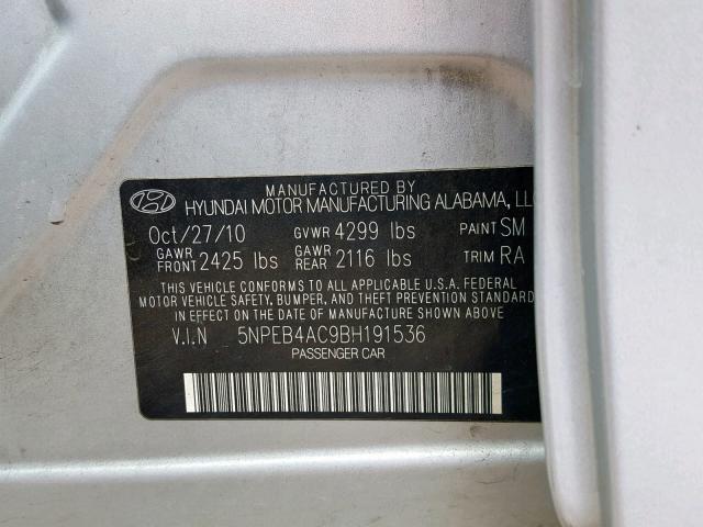 5NPEB4AC9BH191536 - 2011 HYUNDAI SONATA GLS GRAY photo 10