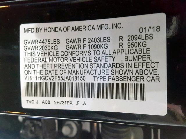 1HGCV2F55JA018150 - 2018 HONDA ACCORD EXL BLACK photo 10