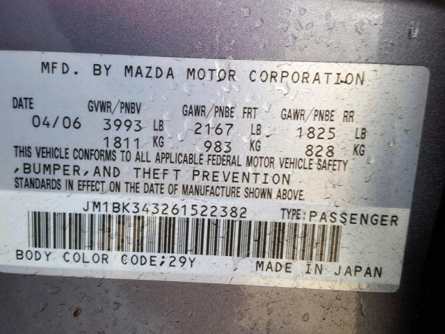 JM1BK343261522382 - 2006 MAZDA 3 HATCHBAC GRAY photo 10