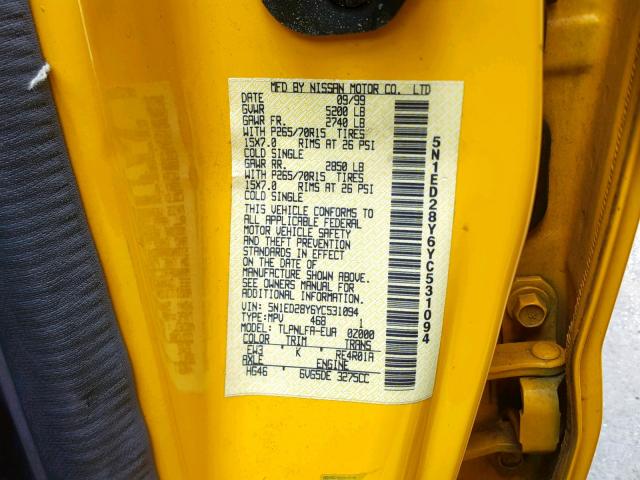 5N1ED28Y6YC531094 - 2000 NISSAN XTERRA XE YELLOW photo 10