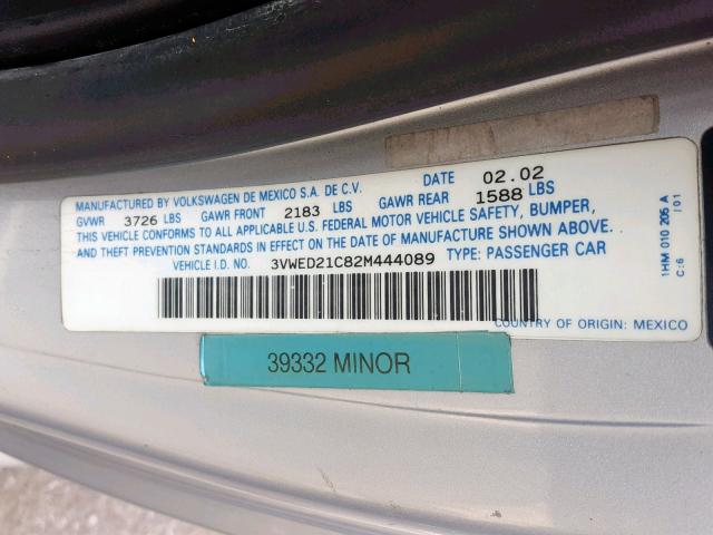 3VWED21C82M444089 - 2002 VOLKSWAGEN NEW BEETLE ვერცხლისფერი ფოტო 10