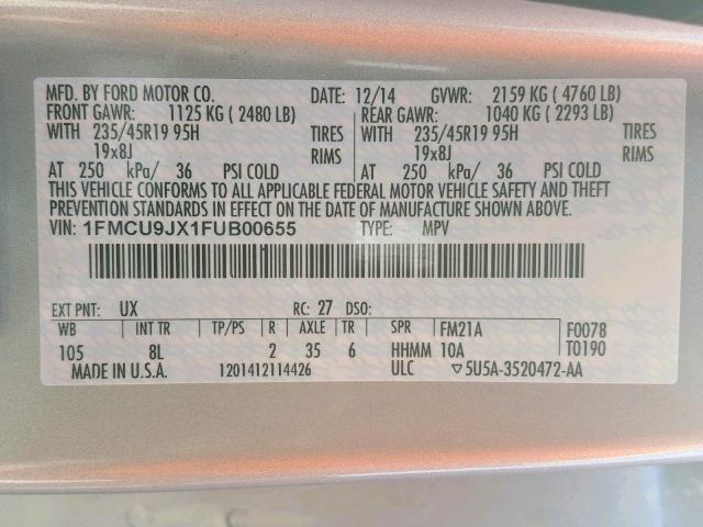 1FMCU9JX1FUB00655 - 2015 FORD ESCAPE TIT SILVER photo 10