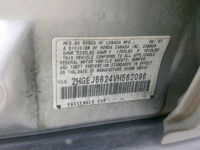 2HGEJ6624VH562096 - 1997 HONDA CIVIC DX SILVER photo 10