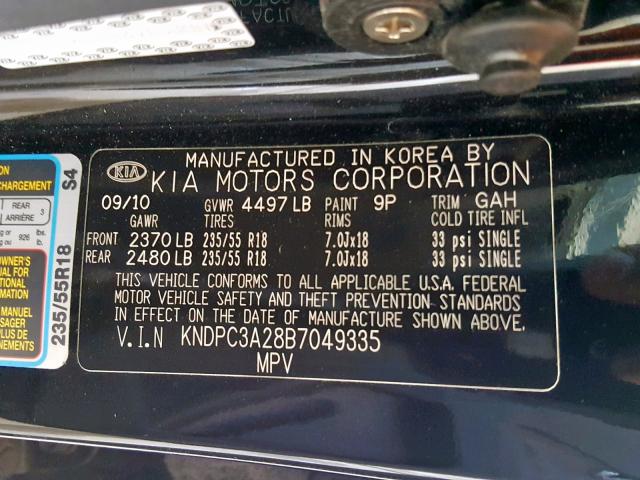 KNDPC3A28B7049335 - 2011 KIA SPORTAGE E BLACK photo 10