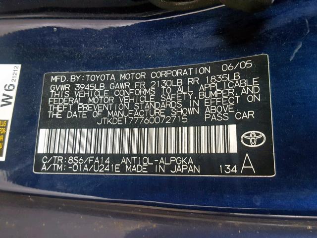 JTKDE177760072715 - 2006 TOYOTA SCION TC BLUE photo 10