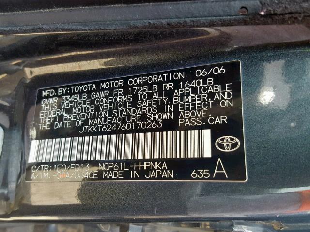 JTKKT624760170263 - 2006 TOYOTA SCION XA GRAY photo 10