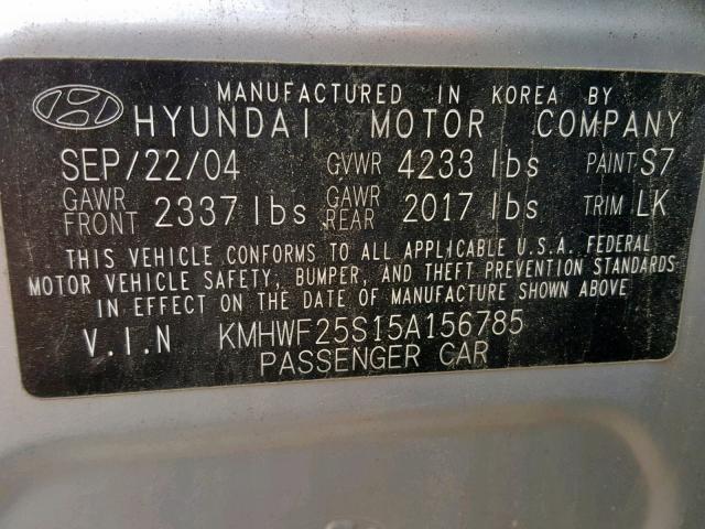 KMHWF25S15A156785 - 2005 HYUNDAI SONATA GL SILVER photo 10