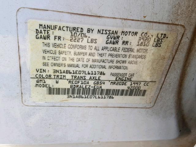 3N1AB61E07L611786 - 2007 NISSAN SENTRA 2.0 WHITE photo 10