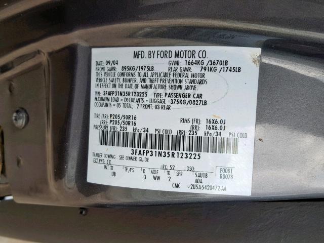 3FAFP31N35R123225 - 2005 FORD FOCUS ZX3 GRAY photo 10