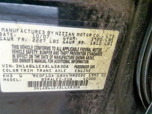 3N1AB61EX8L658308 - 2008 NISSAN SENTRA 2.0 BLACK photo 10