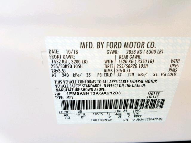 1FM5K8HT3KGA21203 - 2019 FORD EXPLORER P WHITE photo 10