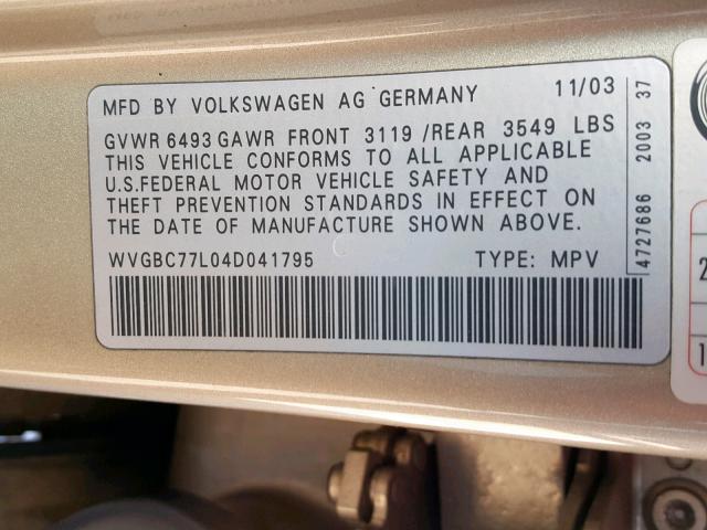 WVGBC77L04D041795 - 2004 VOLKSWAGEN TOUAREG 3. GOLD photo 10