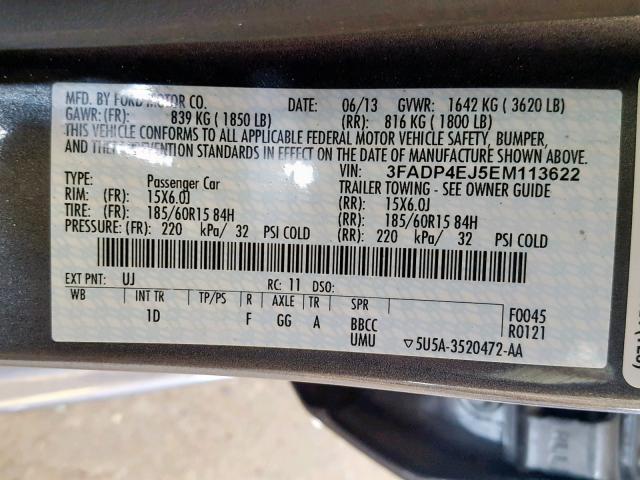 3FADP4EJ5EM113622 - 2014 FORD FIESTA SE GRAY photo 10