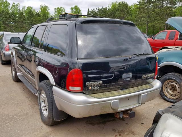 1B4HS58N92F196768 - 2002 DODGE DURANGO SL BLACK photo 3