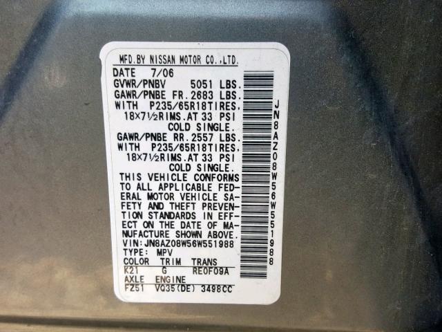 JN8AZ08W56W551988 - 2006 NISSAN MURANO SL SILVER photo 10