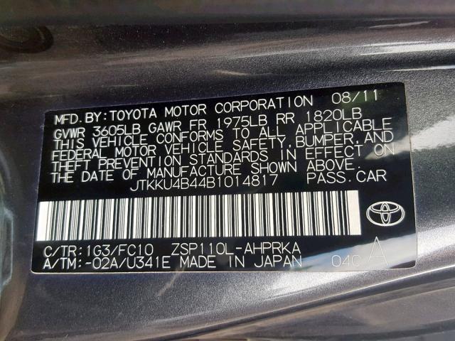 JTKKU4B44B1014817 - 2011 TOYOTA SCION XD GRAY photo 10