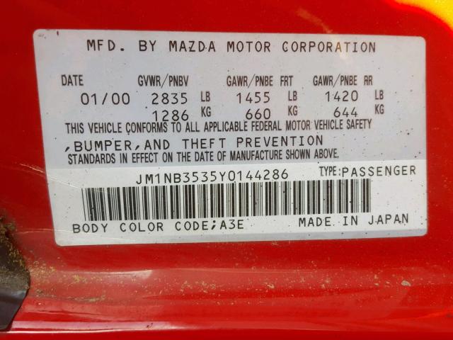 JM1NB3535Y0144286 - 2000 MAZDA MX-5 MIATA RED photo 10