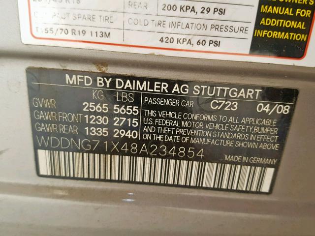 WDDNG71X48A234854 - 2008 MERCEDES-BENZ S 550 SILVER photo 10