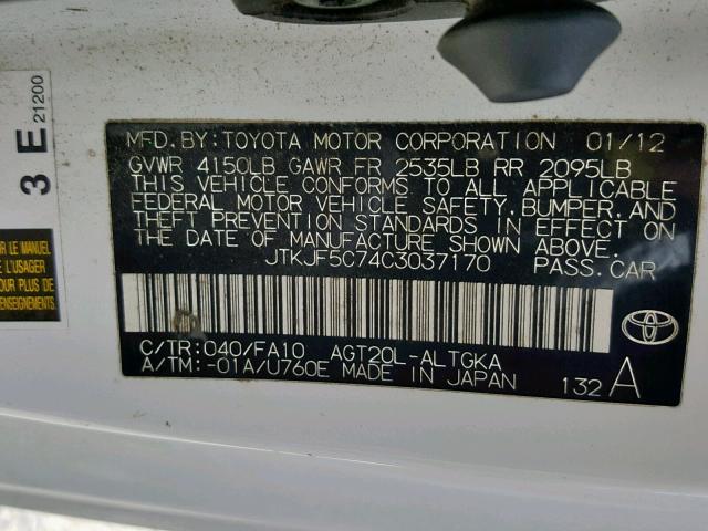 JTKJF5C74C3037170 - 2012 TOYOTA SCION TC თეთრი ფოტო 10