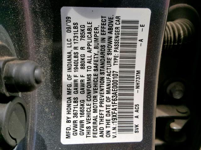 19XFA1F63AE000107 - 2010 HONDA CIVIC LX-S رمادي صورة 10