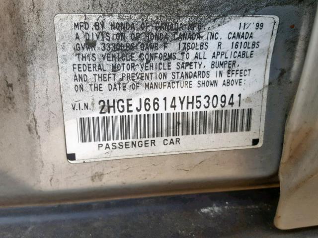 2HGEJ6614YH530941 - 2000 HONDA CIVIC BASE SILVER photo 10