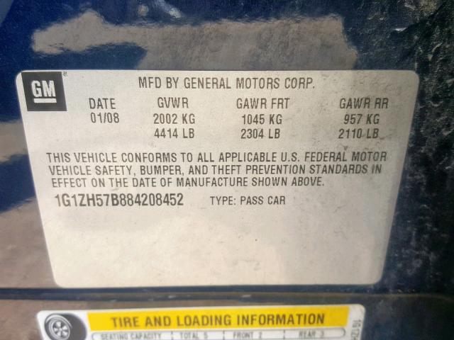 1G1ZH57B884208452 - 2008 CHEVROLET MALIBU 1LT BLUE photo 10