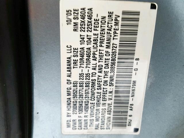 5FNRL38856B026727 - 2006 HONDA ODYSSEY TO BLUE photo 10