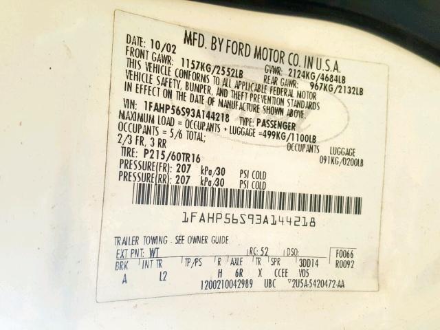 1FAHP56S93A144218 - 2003 FORD TAURUS SEL WHITE photo 10