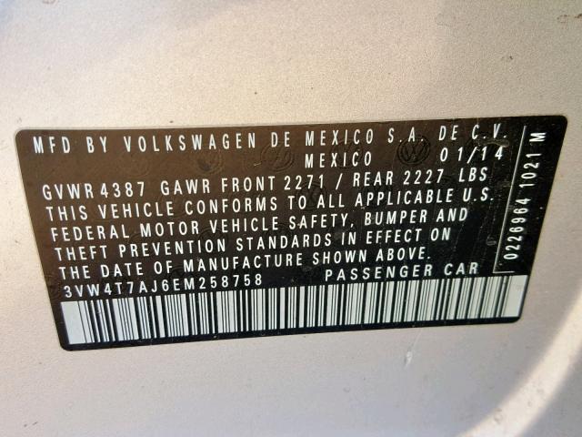 3VW4T7AJ6EM258758 - 2014 VOLKSWAGEN JETTA GLI SILVER photo 10