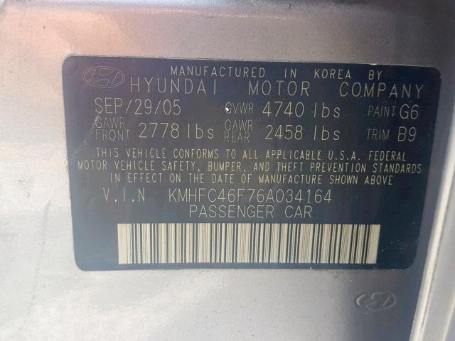 KMHFC46F76A034164 - 2006 HYUNDAI AZERA SE GRAY photo 10