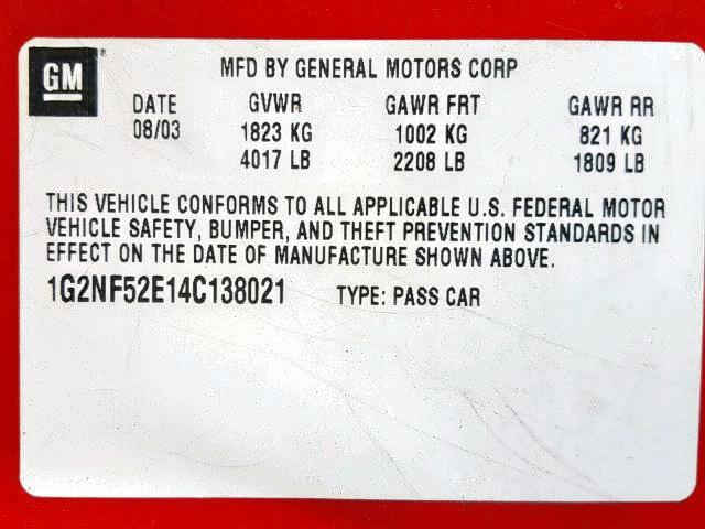 1G2NF52E14C138021 - 2004 PONTIAC GRAND AM S RED photo 10