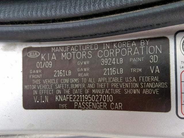 KNAFE221195027010 - 2009 KIA SPECTRA EX SILVER photo 10