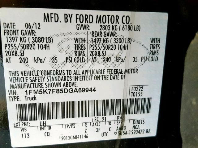 1FM5K7F85DGA69944 - 2013 FORD EXPLORER L BLACK photo 10