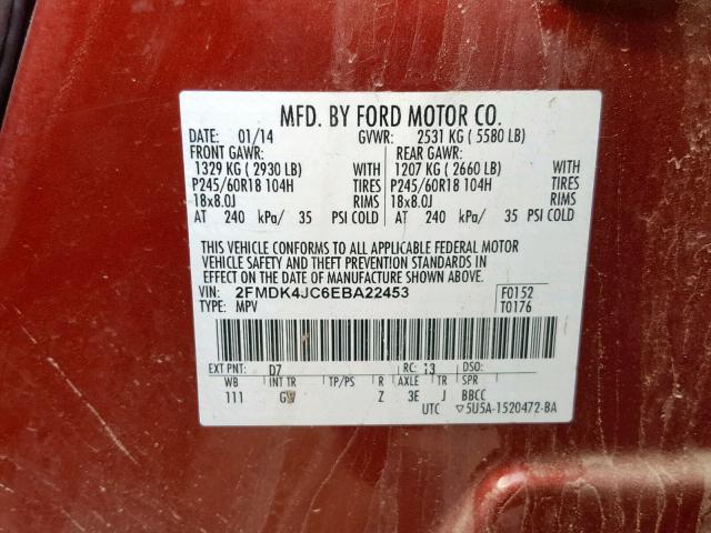 2FMDK4JC6EBA22453 - 2014 FORD EDGE SEL RED photo 10