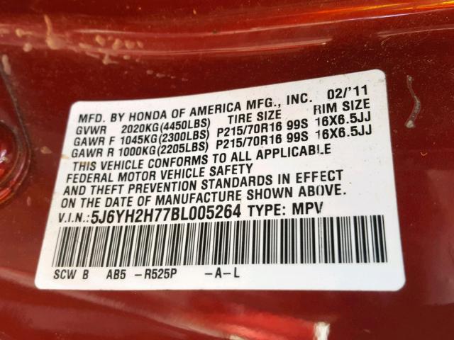 5J6YH2H77BL005264 - 2011 HONDA ELEMENT EX RED photo 10