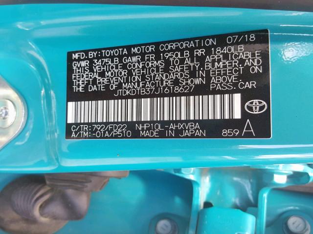 JTDKDTB37J1618627 - 2018 TOYOTA PRIUS C BLUE photo 10