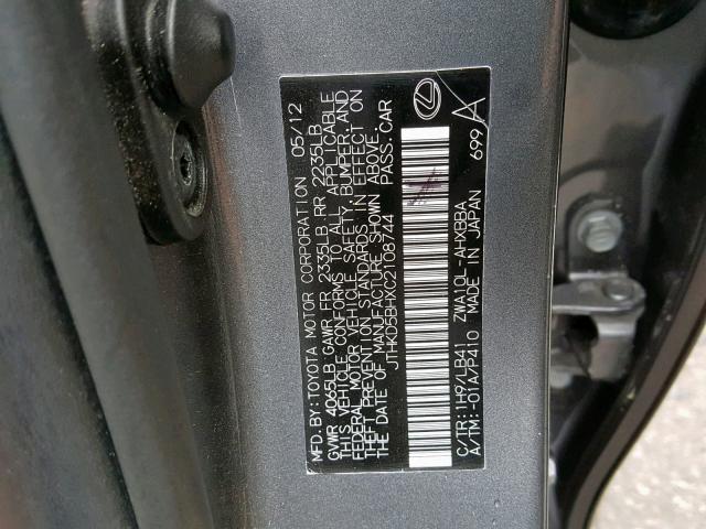 JTHKD5BHXC2108744 - 2012 LEXUS CT 200 GRAY photo 10