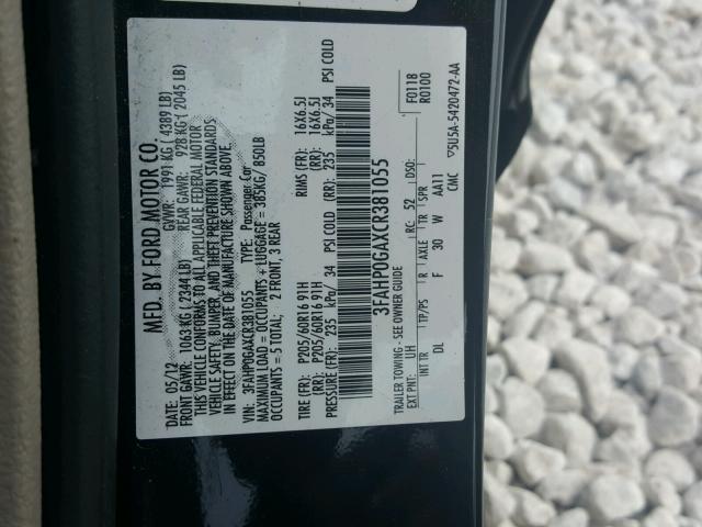 3FAHP0GAXCR381055 - 2012 FORD FUSION S BLACK photo 10