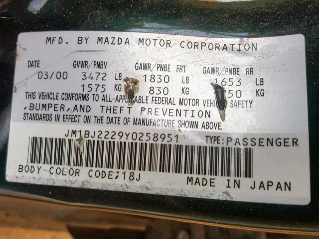 JM1BJ2229Y0258951 - 2000 MAZDA PROTEGE DX GREEN photo 10