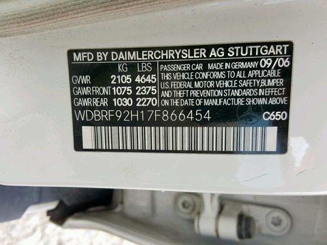 WDBRF92H17F866454 - 2007 MERCEDES-BENZ C 280 4MAT WHITE photo 10