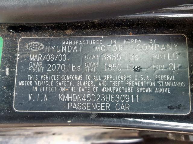 KMHDN45D23U630911 - 2003 HYUNDAI ELANTRA GL BLACK photo 10