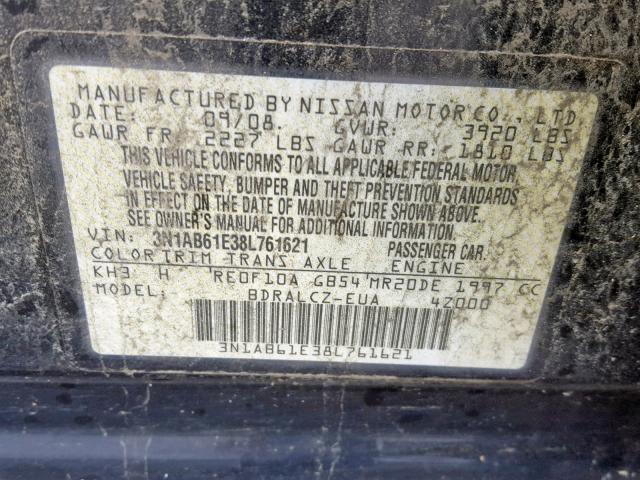 3N1AB61E38L761621 - 2008 NISSAN SENTRA 2.0 BLACK photo 10