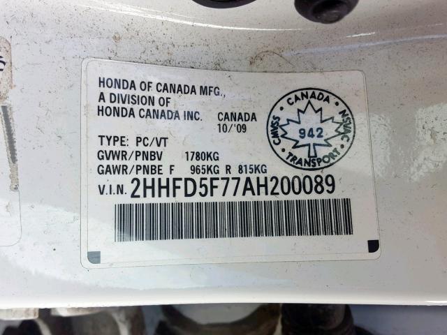 2HHFD5F77AH200089 - 2010 ACURA CSX TECHNO WHITE photo 10