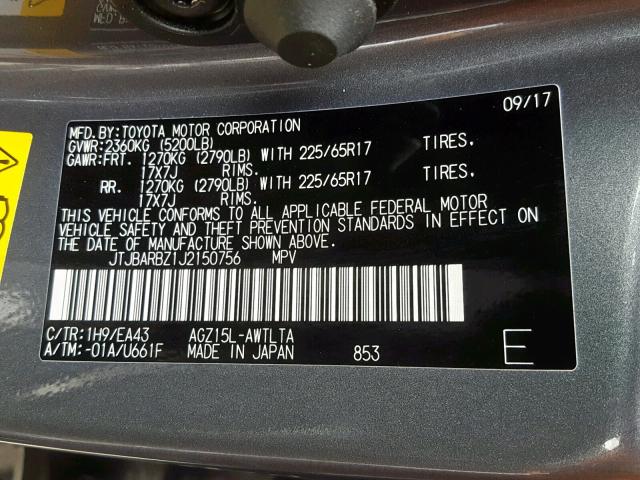 JTJBARBZ1J2150756 - 2018 LEXUS NX 300 GRAY photo 10