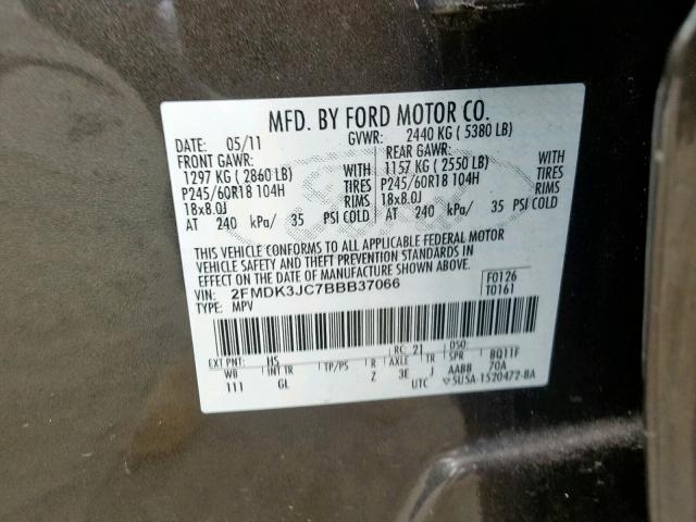 2FMDK3JC7BBB37066 - 2011 FORD EDGE SEL BROWN photo 10